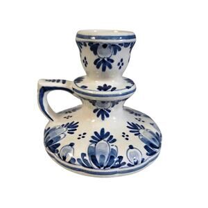 Delft Blue Hand Painted Candle Holders Finger Loop Blue & White